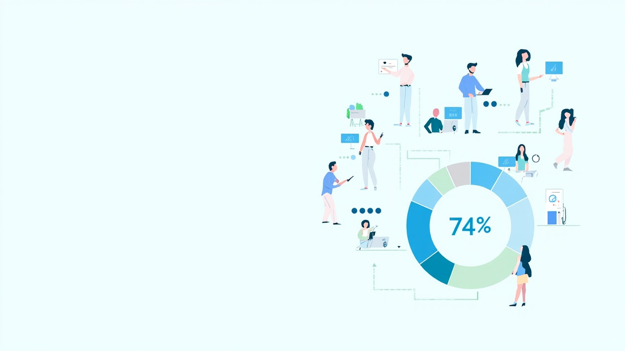 74% 白领员工使用 AI 的统计图与多元化办公场景