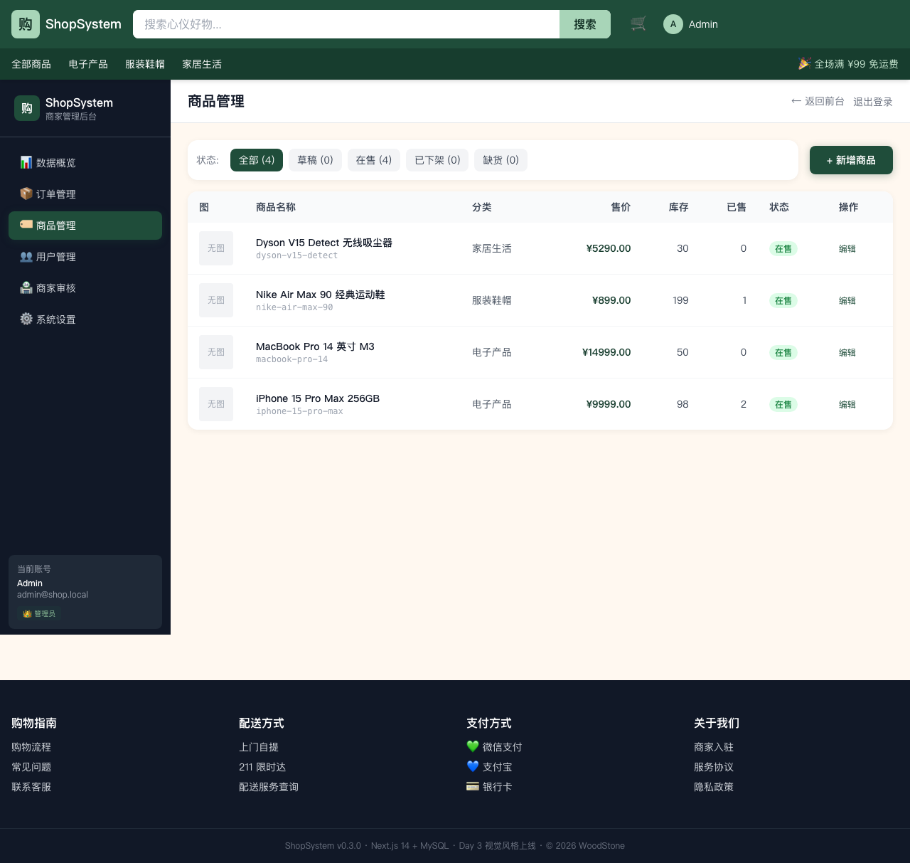 ShopSystem 后台商家商品管理 - 状态筛选 tab + 表格 + 新增/编辑入口