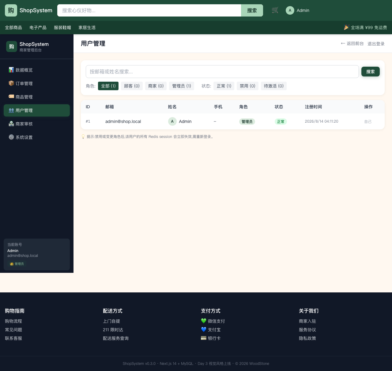ShopSystem 后台用户管理 - 邮箱/姓名搜索 + 角色筛选 + 改角色/禁用操作
